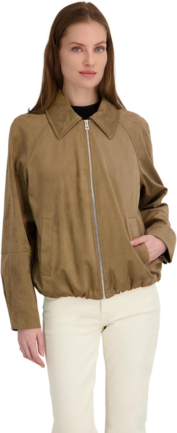 TAHARI Women's Kora Faux Suede Bomber Jacket Soft Faux Suede Raglan Sleeve Bomber Cinched Hem