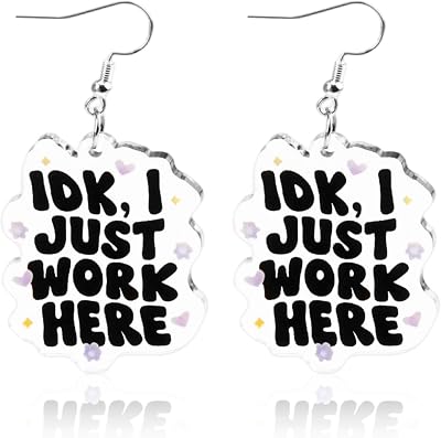 Cute Earrings for Women, Silver Hook Kawaii Jewelry with I Just Work Here Slogan, Hypoallergenic Fun Dangle Earrings