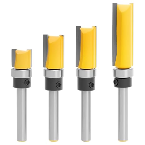 4 PCS Flush Trim Router Bit Set 1/4 Inch Shank - Top Bearing Template Pattern Bit for Woodworking - C3 Carbide Tipped Straight Cut Milling Cutter for MDF, Plywood & Solid Wood - 1/2" Cutting Dia
