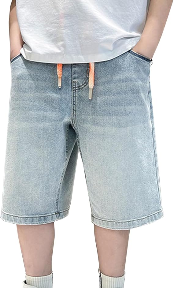 Kids Boys Baggy Jorts Jean Shorts with Drawstring Youth Straight Leg Denim Shorts Pockets Tween Preppy Thin Casual Bottoms