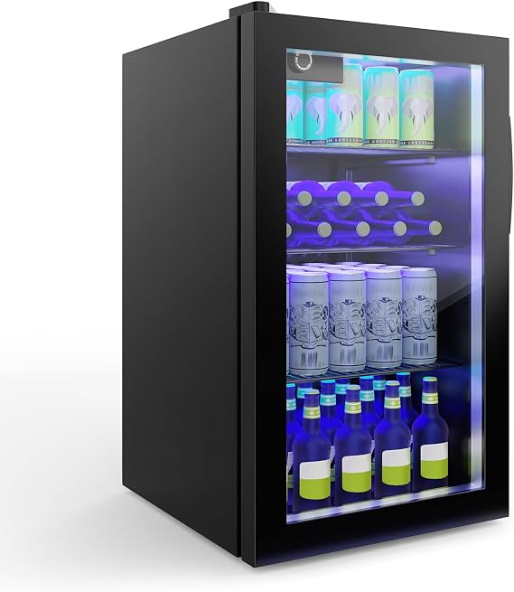 MAT EXPERT Mini Beverage Fridge, 120 Can, Beverage Fridge w/Glass Door, Adjustable Shelves, LED Light & Temperature Control, Small Beverage Refrigerator for Bedroom, Home, Office, Bar, 3.2 Cu. Ft.