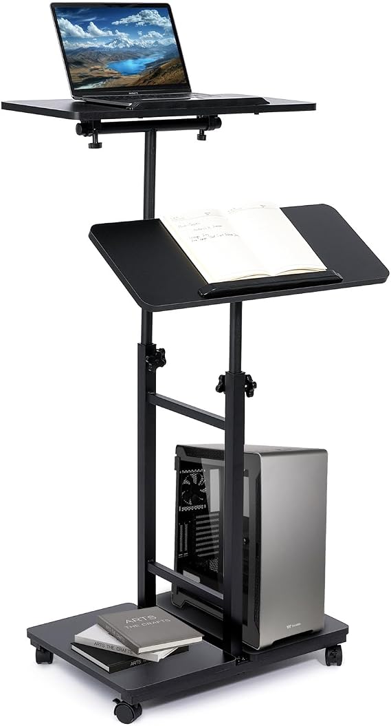 Podium Stand with Wheels, Height Adjustable Lectern Podium Stand, Rolling Portable Podium with 2 Swivel Shelves, Mobile Teacher Lectern for Classroom Church Office Presentation(Black)