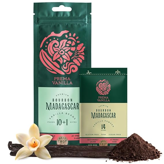 PREMA VANILLA Madagascar Vanilla Beans Pack of 11pcs & Vanilla Powder Bourbon Premium 0.49Oz