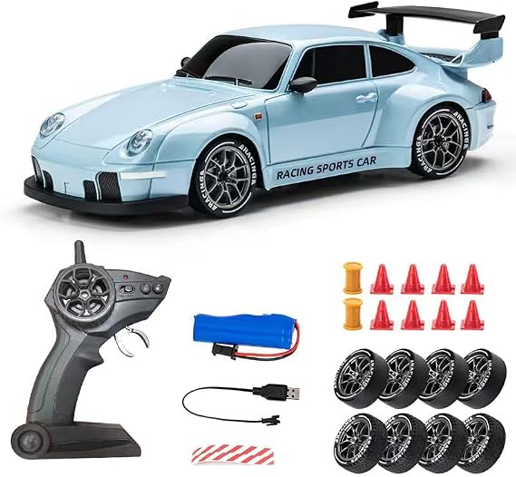RC Drift Car, 1:24 Scale Remote Control Vehicle with LED Lights, 2.4GHz 4WD High Speed RC Cars, Drifting Tires＆Two Speed Modes, Racing Sports Toy Gift for Adults Boys Girls (Light blue)