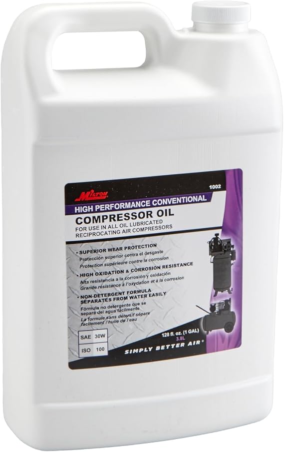 Milton 1002 High Performance Conventional Air Compressor Oil, ISO-100 SAE 30W, 1 Gallon, Non-Detergent Lubricant for Reciprocating Air Compressors