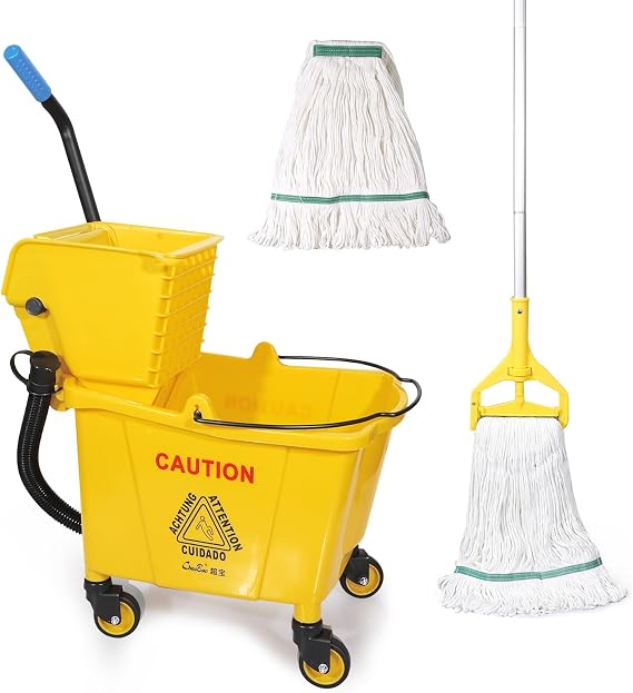 35Qt Commercial Mop Bucket with Side Press Wringer on Wheels and Drain Hose