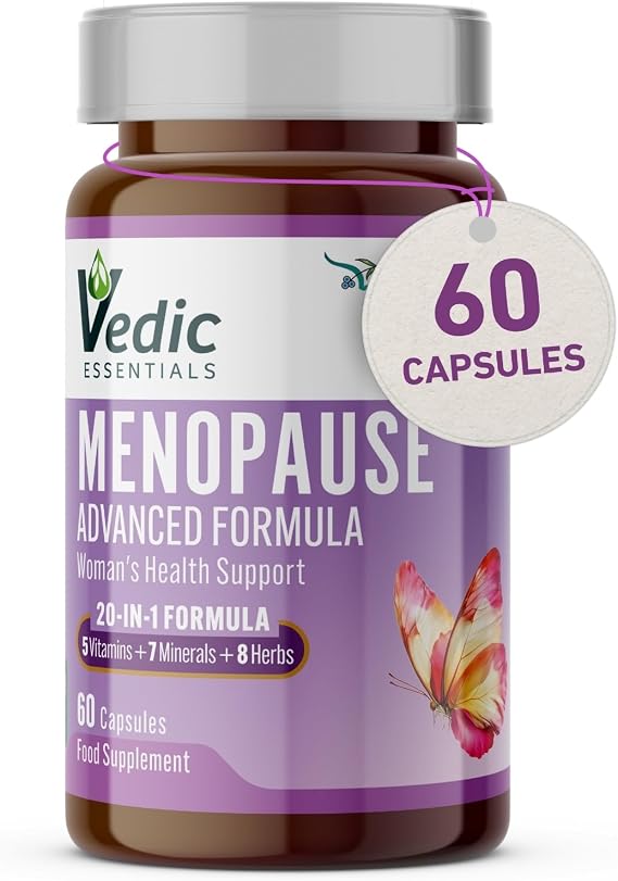 Vedic Menopause Supplement | 20 Vitamins, Minerals & Herbs- Red Clover, Sage, Primrose, Flaxseed, Ginseng | Perimenopause, Menopause Support- Hot Flashes Relief, Mood Swings, Fatigue | UK Made, Vegan