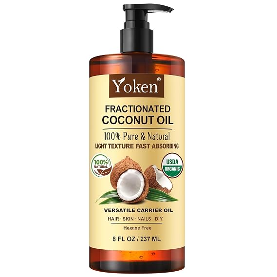 Yoken Organic Fractionated Coconut Oil 8oz, Unscented Carrier Oil for Skin | Pure Natural Liquid For Essential Oils Mixing Lightweight Moisturizer Unscented Hexane Free Soap Making