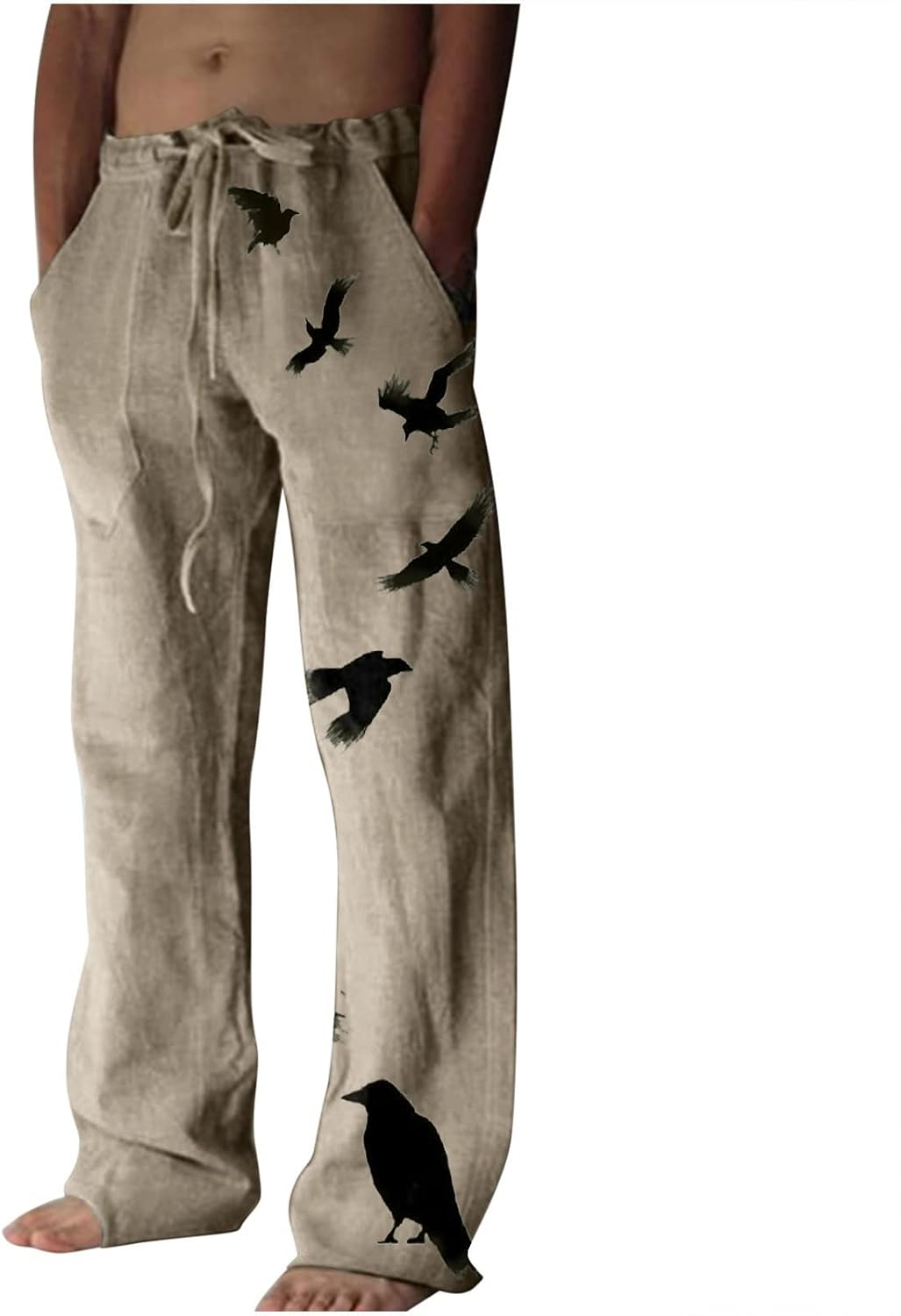 Mens Ethnic Style Printed Sweatpants Linen Vintage Elastic Waist Lace up Casual Pants Loose Fit Hippie Boho Trousers