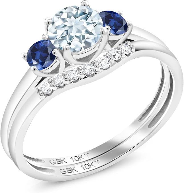 Gem Stone King 10K White Gold 3-Stone Engagement Wedding Ring Set