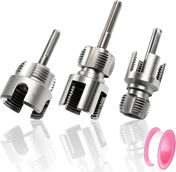 Pipe Threading Tool Kit 4PCS, External & Internal Thread Cutter for 1/2'' 3/4'' & 1'' PVC Pipes, Pipe Thread Cutting Tool for Electric Drill, Hex Shank, Including a Ptfe Tape