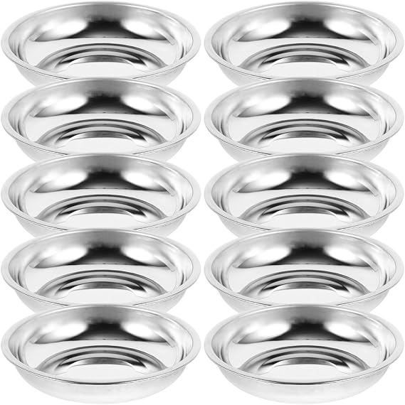 VOSAREA 10Pcs Stainless Steel Sauce Dishes Round Appetizer Plates for Mustard Soy Sauce and Desserts Food Material