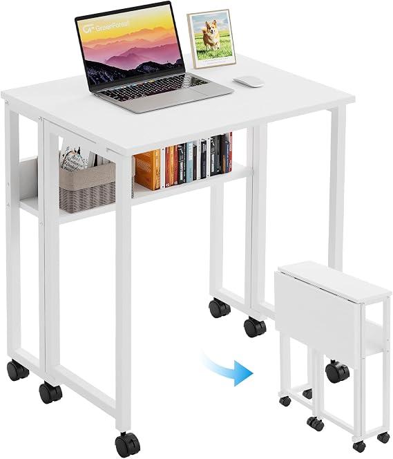 GreenForest Folding Desk 80 cm with Storage Shelf and Wheels, White