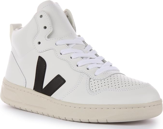 Veja V-15 Men's Lace Up Leather Trainers (White Black, 12 US)