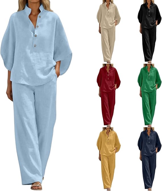 Women Sets 2 Piece Outfits Batwing Sleeve Casual Shirt Wide Leg Pants Summer Trendy Boho Pant Suits