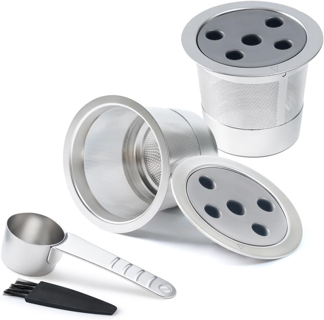 2 Pack Stainless Steel Reusable K Cups for K eurig Supreme & Supreme Plus, Five Hole Universal K-eurig Reusable Refillable coffee pod filter with A Stainless Steel Spoon