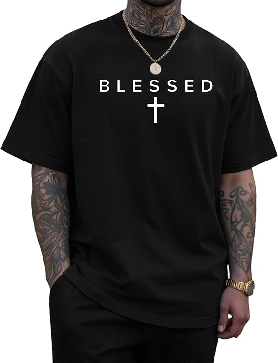 KUYIGO Mens Blessed Cross Graphic T Shirt Christian Faith Tee