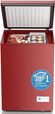 Antarctic Star Chest Freezer 3.2 Cubic Feet 14F to -40F Low Temperature Freezer with Removable Basket, Free Standing Top open Door Deep Freezer, Adjustable Temperature for Home, Basement, Kitchen, Red