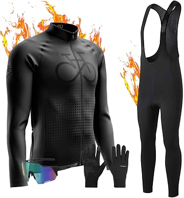 Mens Winter Cycling Jersey Sets Long Sleeve Fleece Thermal Bike ShirtWinter Cycling Gloves