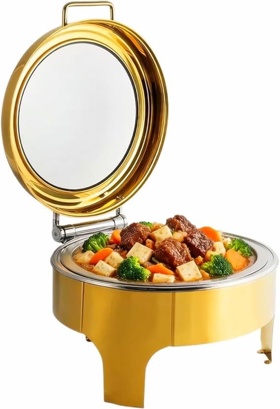 1Pack 6.8 Qt Golden Chafing Dish Buffet Set with Big Visible Window, Round Stainless Steel Buffet Servers and Warmers for Catering, Parties, Hotels and Weddings