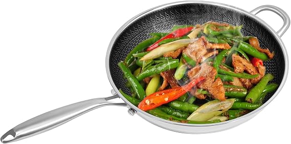 Stainless Steel Wok,13.4 Inch Cooks Standard Pan with 3-Layer Die-Casting Wok Body, Maximum Temperature Resistance 578F Cooking Woks Pans with Glass Lid, for Gas Stoves, Induction Cookers