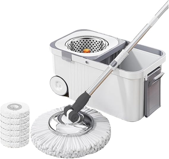 Household Cleaning Automatic Spin Mop 6 Microfiber Refills Extended Handle Hand-Free Automatic Dehydration Mop for Home Cleaning(White)