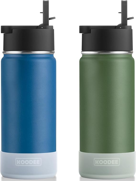 koodee 18oz Insulated Water Bottle 2 Pack Stainless Steel Double Wall Vacuum Water Bottle with Straw,for School (Navy-Grass Green)