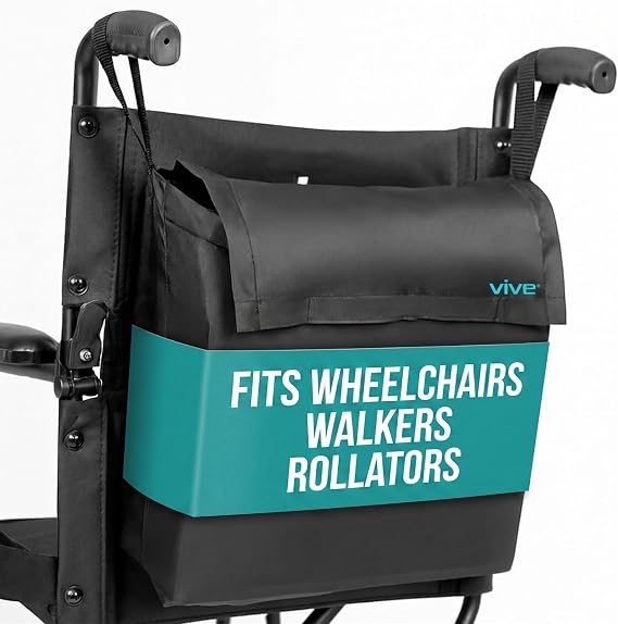 Vive Wheelchair Bag - Universal Storage Backpack for Wheelchairs for Walker Rollator - Hangs on Back, Easy Install, Machine Washable Storage Bag - Organizer Accessory for Seniors, Disabled (Black)