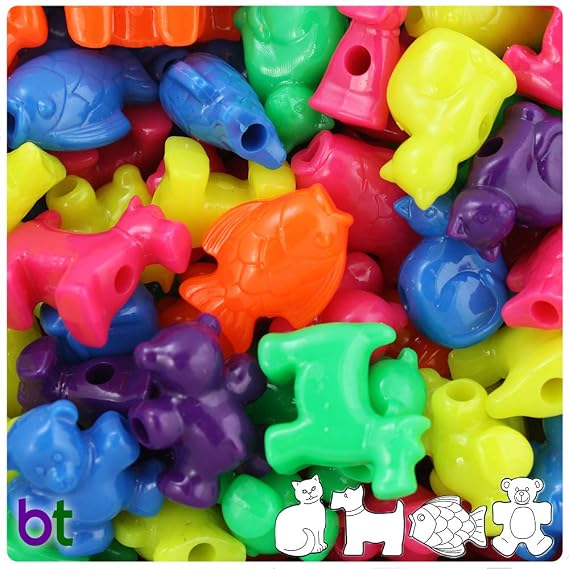 BeadTin Neon Bright Mix Pet Parade Shaped Plastic Pony Beads (2oz)