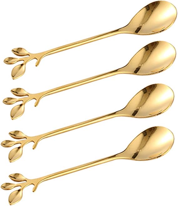 Gold Leaf Coffee Spoon Set of 4, 4.7 Inch Retro Dessert Espresso Spoons Cutlery Kitchen Tableware