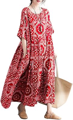 Women Loose Cotton Rayon Dress Mixed Print Boho House Dress with Pockets One Size, 20