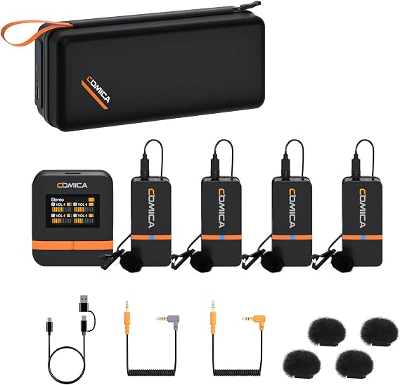 COMICA (4 Lav Mic) Vimo Q Wireless Lavalier Microphone with 4 Transmitters and 1 Receiver, Noise Cancellation, Wireless Microphone for Camera, iPhone, Android, PC Interviews, Live-Streaming