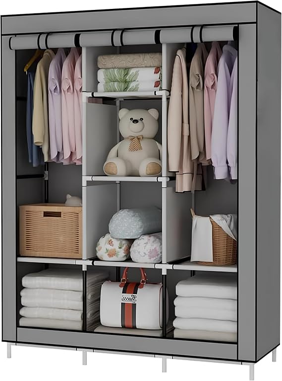 LONENESSL Canvas Wardrobe, 128 x 45 x 170 cm Closet for Bedroom, Portable Cloth with 2 Hanging Rails and 6 Storage Compartments, Fabric Foldable Storage Cupboard (Grey)