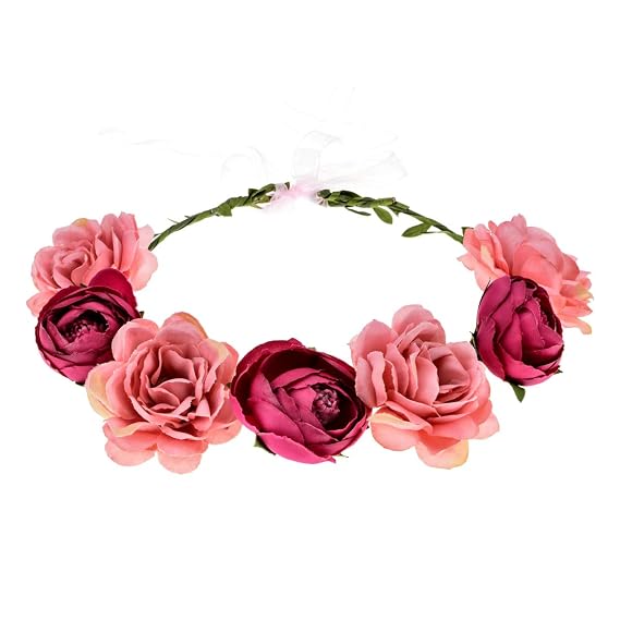 Women Rose Floral Crown Hair Wreath Leave Flower Headband with Adjustable Ribbon (Dusty Pink)