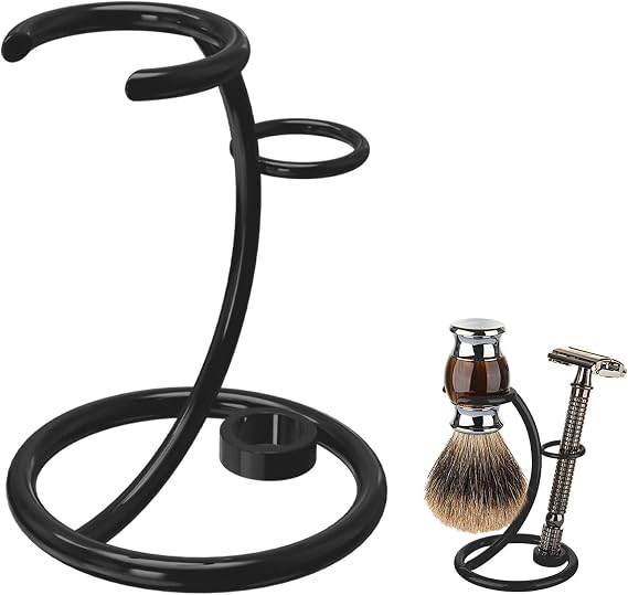 Linkidea Razor and Shaving Brush Stand, Stainless Steel Holder for Shower & Bathroom, Compatible with Merkur 34C, Henson AL13, Gillette Labs, Safety Razors (Chrome/Black)