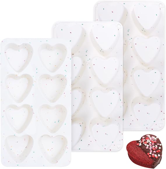 3 PCS Heart Molds Silicone 8 Cavities Heart Shaped Cupcake Pan for Baking Food Grade Muffin Pan Easy Clean Candles Epoxy Resin Valentine Craft for Making Chocolate, Candy, Soap and Jelly (Cream)