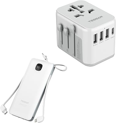 TESSAN Universal Travel Adapter, International Power Adapter with 4 USB Ports 1 USB C with Portable Phone Charger with Built in Cables, 10000mAh Power Bank