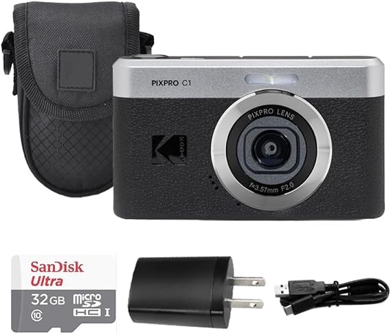 Kodak PIXPRO C1 Digital Camera, 13MP Compact Point & Shoot, 2.8 180 Flip LCD Screen, 26mm Wide Angle Lens, 4X Digital Zoom, 1080P Full HD Video, Black + Camera Case & 32GB Micro SD Card