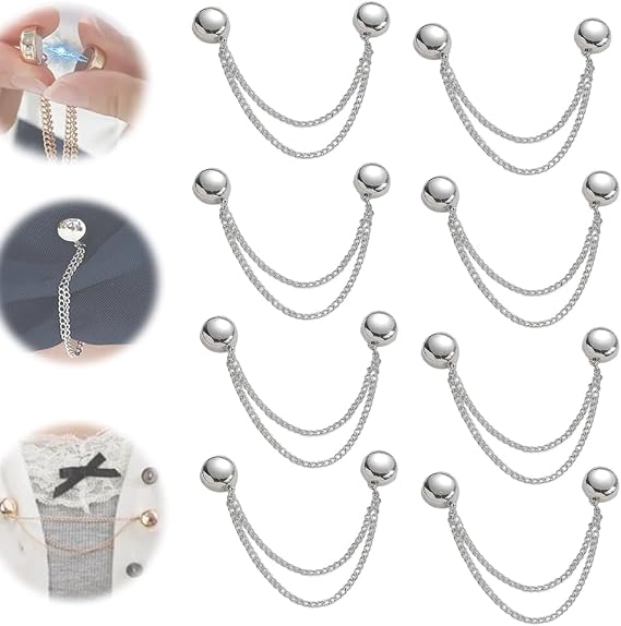 8PCS Magnetic Clothing Clips, Magnetic Shirt Clips for Women Clothing, Multi-Function Magnetic Clothing Clips, Hijab Magnets with Chain, Womens Clothing Cinch Clips Dress Cinch Clip (Silver)