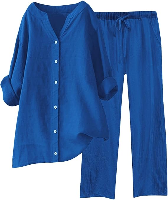Lounge Sets for Women Comfy Plus Size Loungewear Set 3/4 Sleeve Henley Neck Top and Wide Leg Pants 2 Piece Outfits