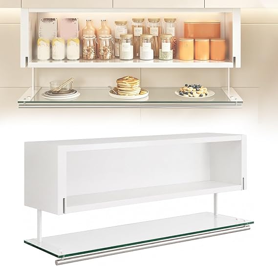 Wall Mounted Storage Cabinet Kitchen Cabinet with Fold-Down Tempered Glass Door, Hanging Pantry Storage Organizer for Kitchen, Pantry, Dining Room, Living Room Decor(70x23.5cm/28x9.2in)