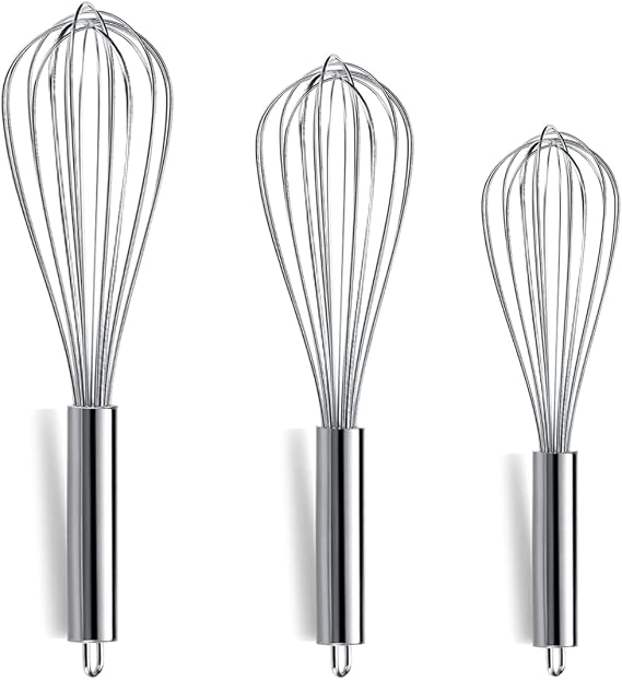 Berglander Whisk Set Pack of 3, Stainless Steel Whisks for Cooking 8",10",12", Wire Ballon Wisk (Silver)