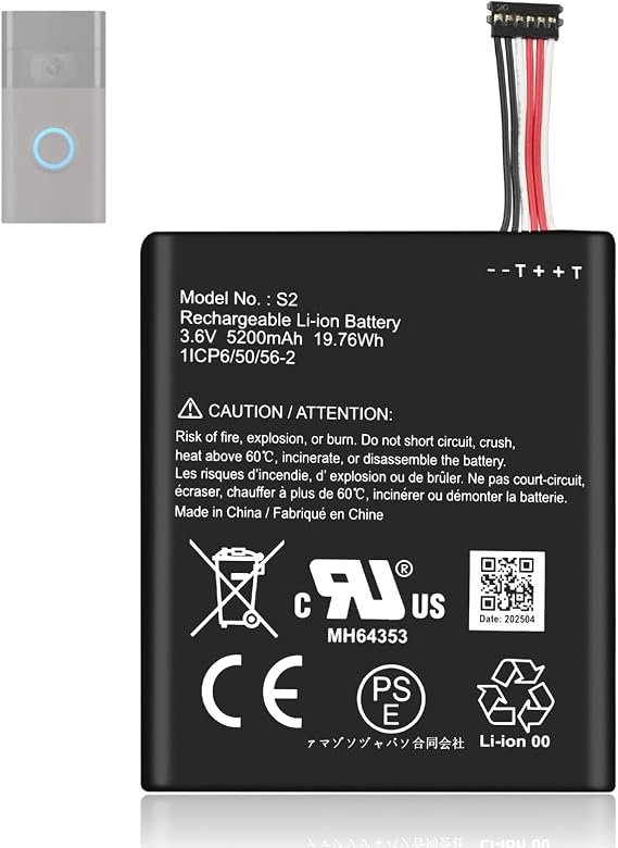 for Ring Doorbell S2 Battery Replacement: for Ring Camera Doorbell S2 Model Gen 2 Generation Battery Doorbells Video for 2nd Generation Door Bell (6-Pin Version ONLY) Lithium 5200mAh