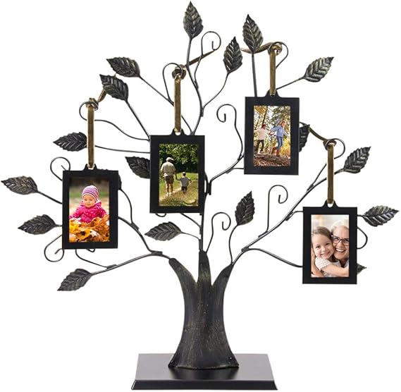 Family Tree Wall Decor with 4 Hanging Picture Frames, Brushed Bronze Photo Frame Ornament for Home and Office Decor, Holiday Gift Photo Frame