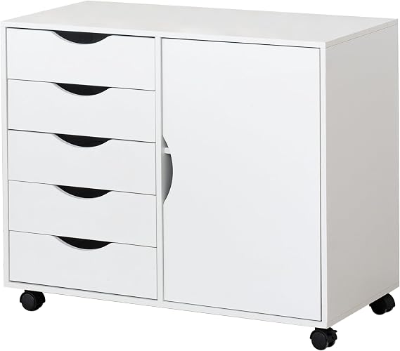 QDSSDECO 5-Drawer Chest with 1 Door, Wooden Storage Chest of Drawers, Mobile Dresser Cabinet with Wheels, Printer Stand for Home Office Bedroom