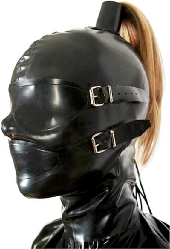 Black Latex Hood Mask with Blond Ponytail Wig and Removable Blindfold and Mouth Piece Back Zipper Open Eyes Mouth Nose