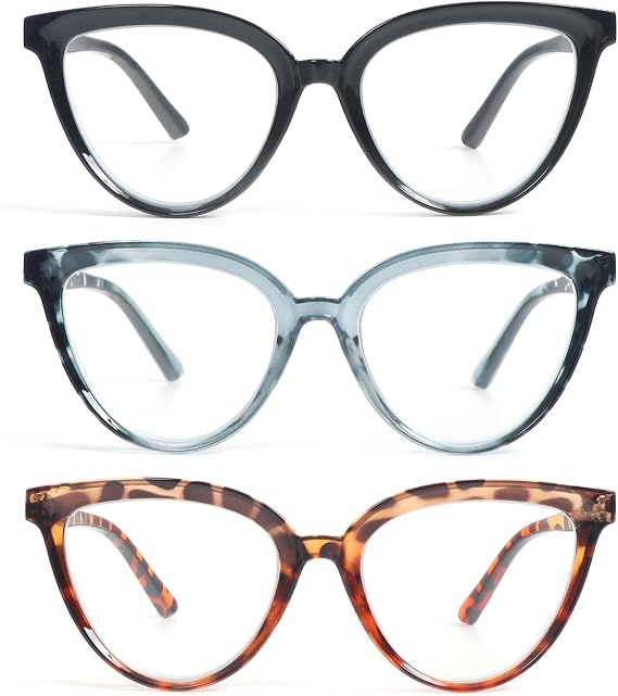 Cat Eye Reading Glasses for Women 3 Pack Stylish Design lue Light Blocking Spring Hinges Readers