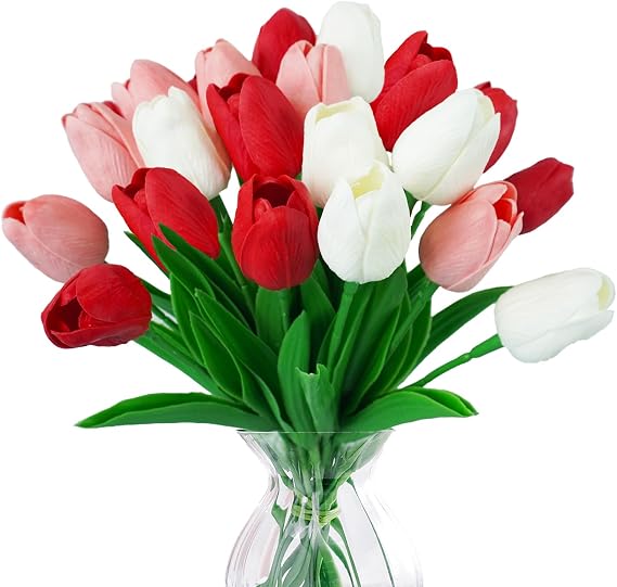 18 Pcs Real Touch Tulips Artificial Flowers, Faux Tulips White Pink Red Fake Tulips Flowers for Table Centerpiece Vase Bouquet Home Kitchen Wedding Decorations