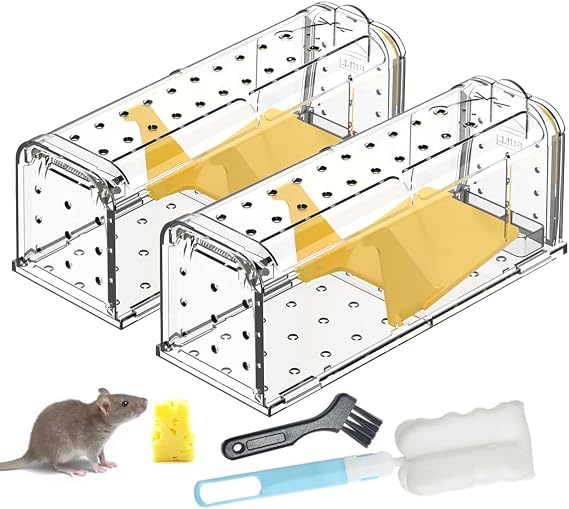 2 Pack Humane Mouse Traps for Indoors No Kill Live Catch,Pets and Children Friendly Mouse Trap Mice Release Mouse,Washable Reusable Outdoors Rat Traps with Cleaning Brush,Field Mouse Rodent Control