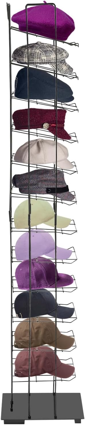 12 Tier Large Capacity Cap Rack, Floor Standing Hat Display Rack, 74in Height Iron Cap Display Tower, Heavy Gauge Steel Wire Shelving for Retail Shops, Home